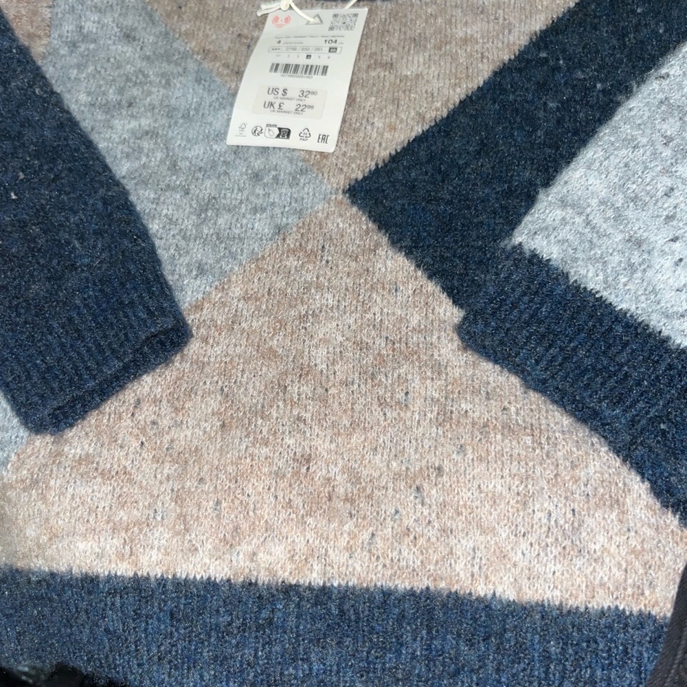 Zara V-Neck Sweater in Blue, Gray, and Cream